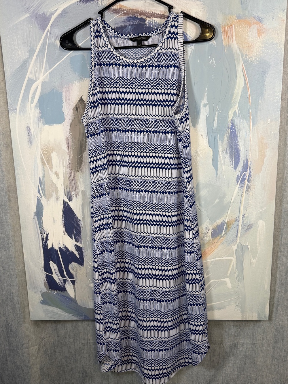 Banana Republic Twist Back Blue White Geometric Print Sleeveless Midi Dress L
